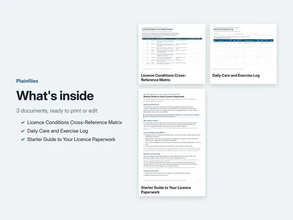 What is inside: licence conditions cross-reference matrix, daily care and exercise log and starter guide to your licence paperwork