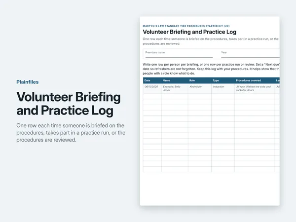 Volunteer Briefing and Practice Log page