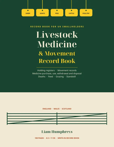Front cover of the UK Smallholder Livestock Medicine and Movement Record Book: dark green cover with sheep, goats, pigs, cattle and poultry tags