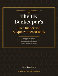 Front cover of The UK Beekeeper's Hive Inspection and Apiary Record Book: dark cover with gold honeycomb pattern